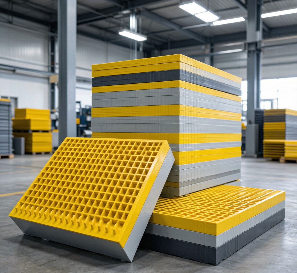 FRP fiberglass grating panels showcasing anti-slip surface and structural design